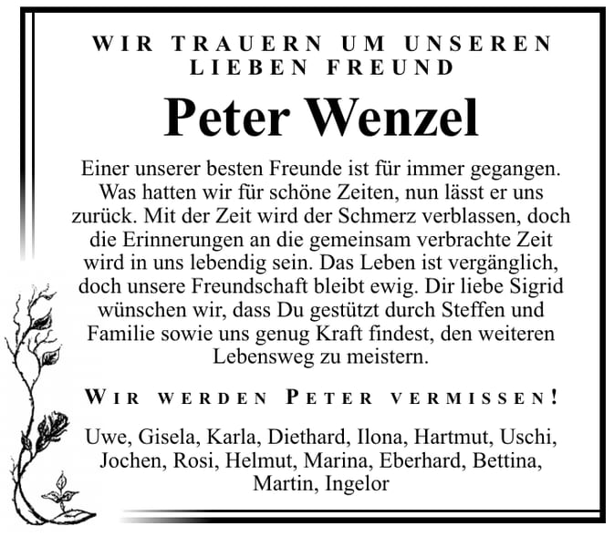 Traueranzeige Peter Wenzel