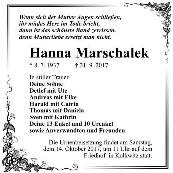 Traueranzeige Hanna Marschalek