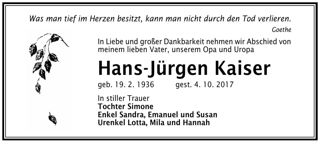Traueranzeige Hans-Jürgen Kaiser