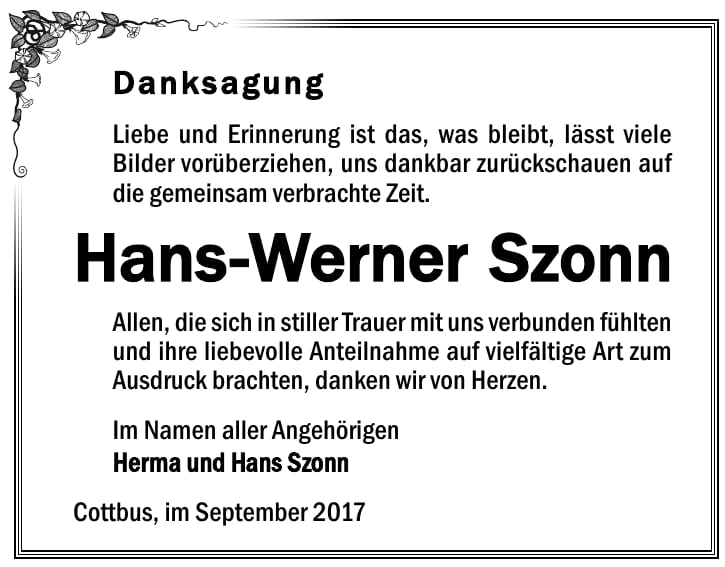 Danksagung Hans-Werner Szonn