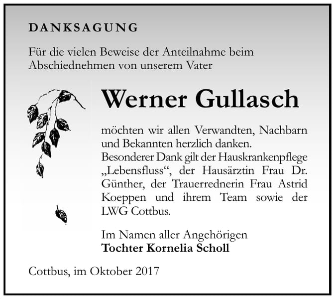 Danksagung Werner Gullasch