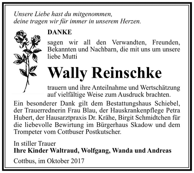 Danksagung Wally Reinschke