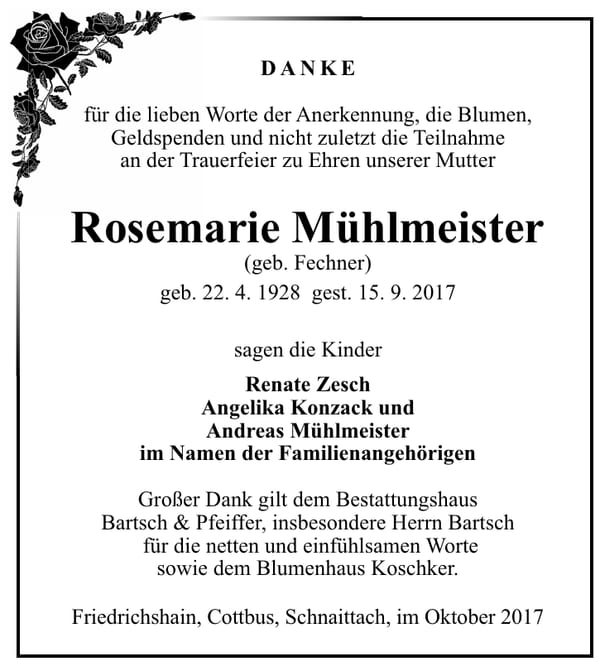 Danksagung Rosemarie Mühlmeister, geb. Fechner