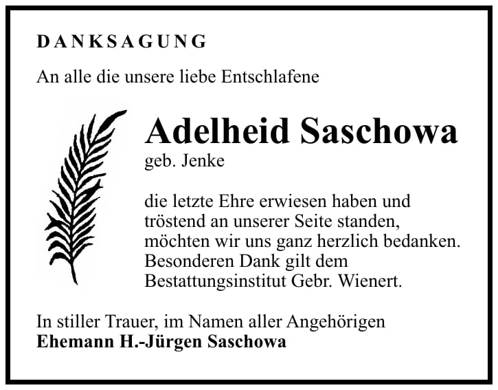Danksagung Adelheid Saschowa, geb. Jenke