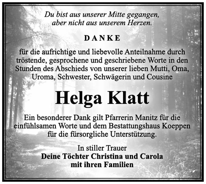 Danksagung Helga Klatt