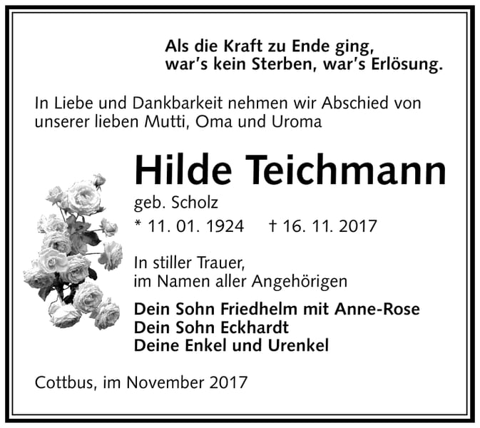 Traueranzeige Hilde Teichmann, geb. Scholz