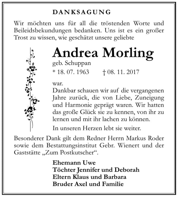 Danksagung Andrea Morling, geb. Schuppan