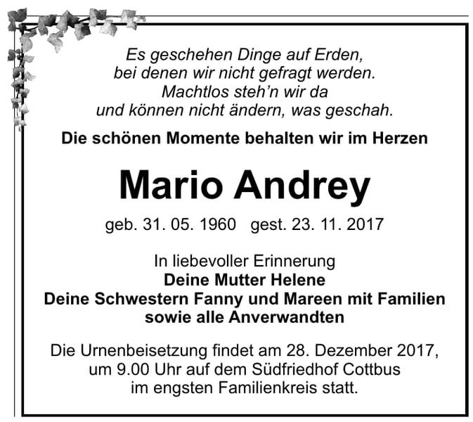 Traueranzeige Mario Andrey