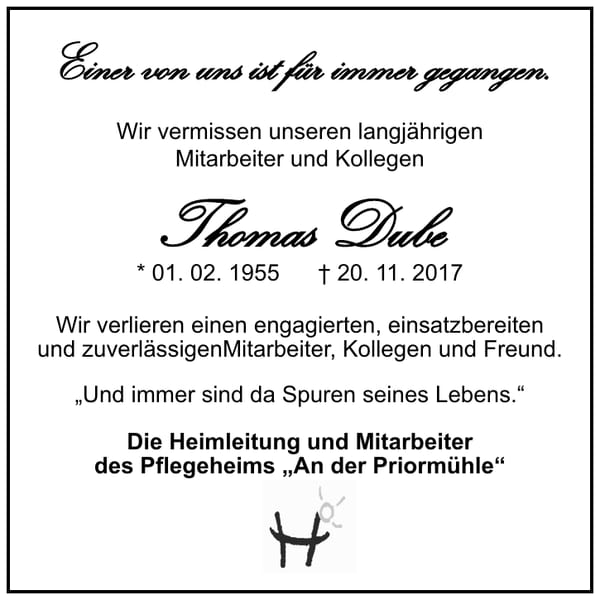 Nachruf Thomas Dube