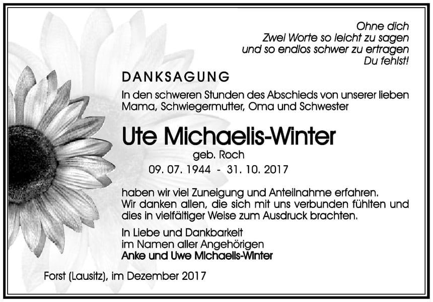 Danksagung Ute Michaelis-Winter, geb. Roc