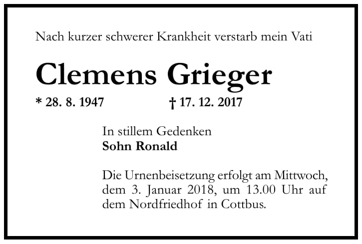 Traueranzeige Clemens Grieger