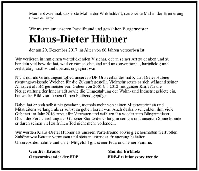 Nachruf Klaus-Dieter Hübner