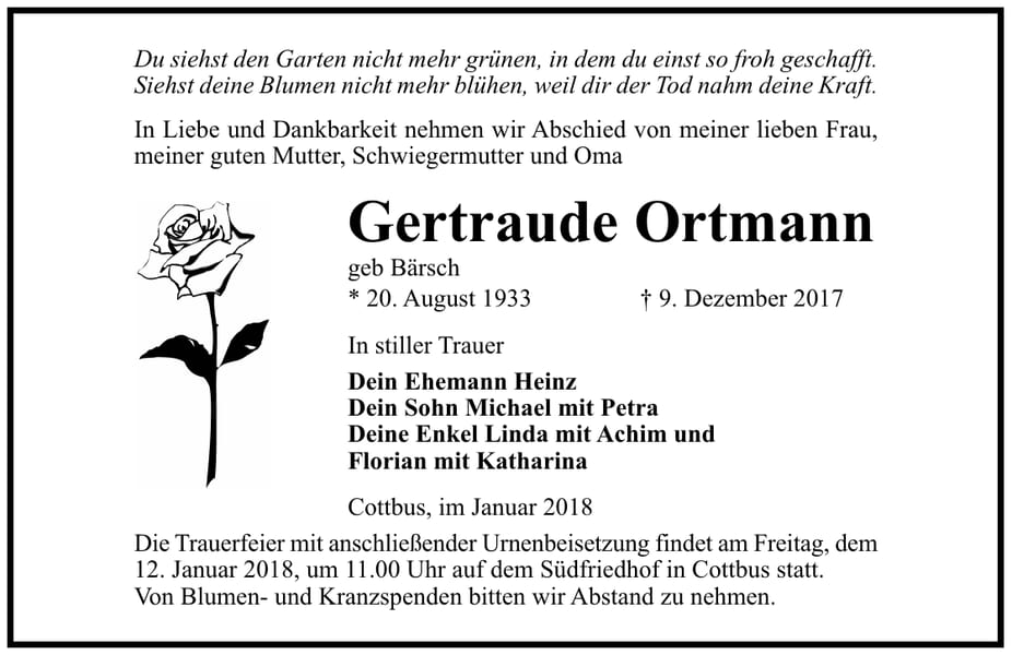 Traueranzeige Gertraude Ortmann