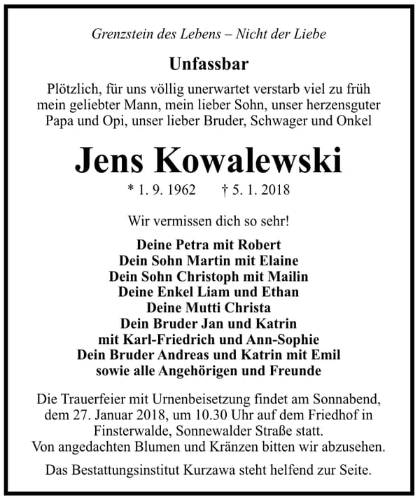 Traueranzeige Jens Kowalewski