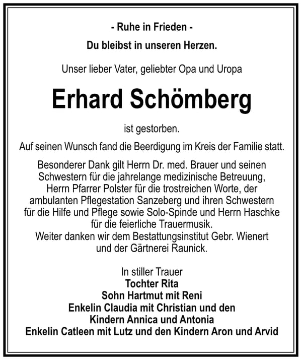 Danksagung Erhard Schömberg