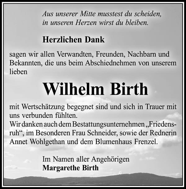 Danksagung Wilhelm Birth