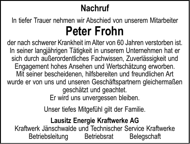 Nachruf Peter Frohn