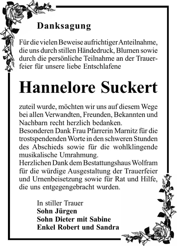 Danksagung Hannelore Suckert