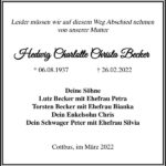 Traueranzeige Hedwig Charlotte Christa Becker