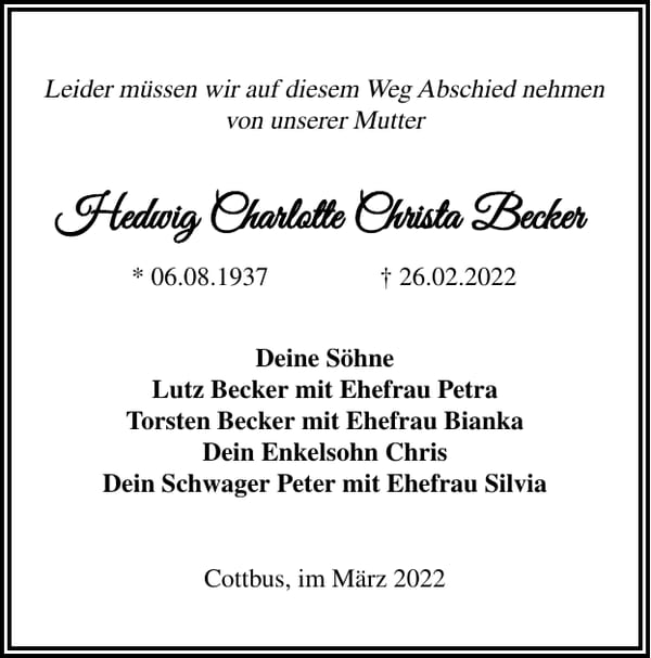 Traueranzeige Hedwig Charlotte Christa Becker