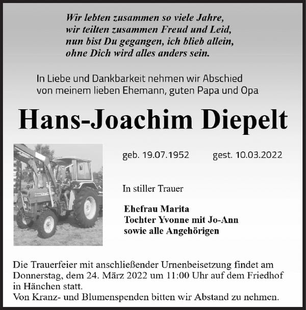 Traueranzeige Hans-Joachim Diepelt