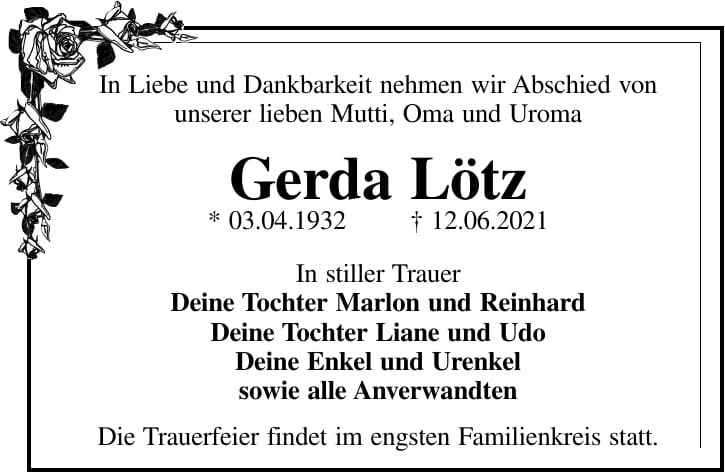 Traueranzeige Gerda Lötz