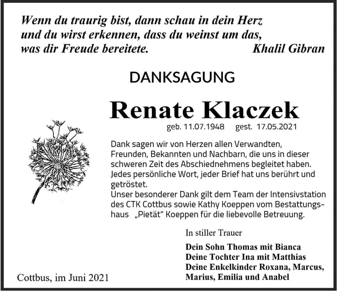 Traueranzeige Renate Klaczek