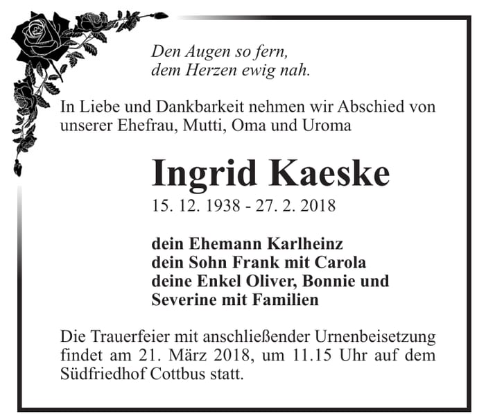 Traueranzeige Ingrid Kaeske