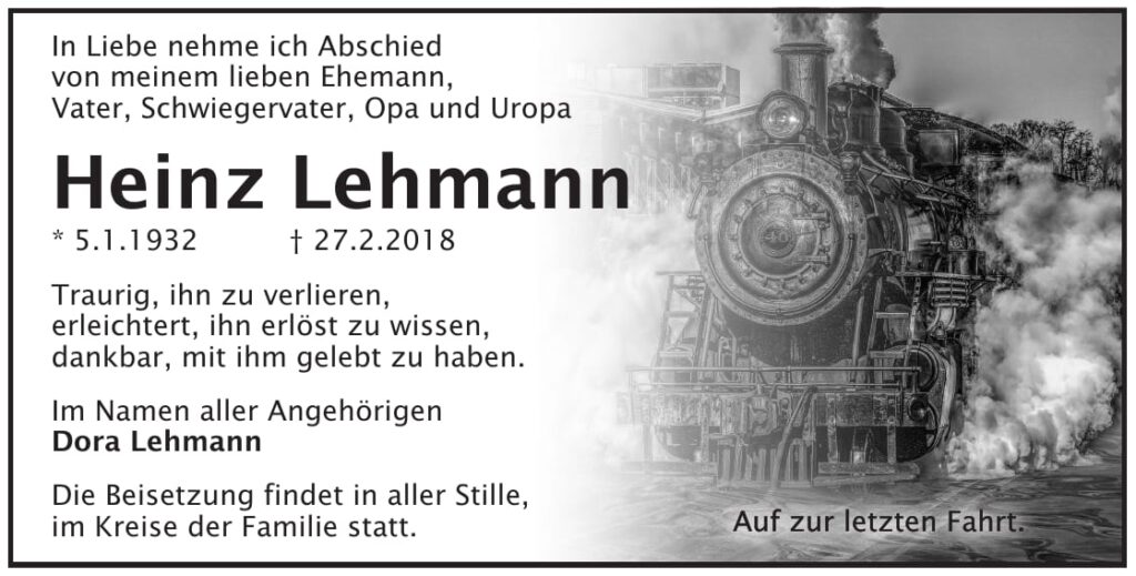 Traueranzeige Heinz Lehmann