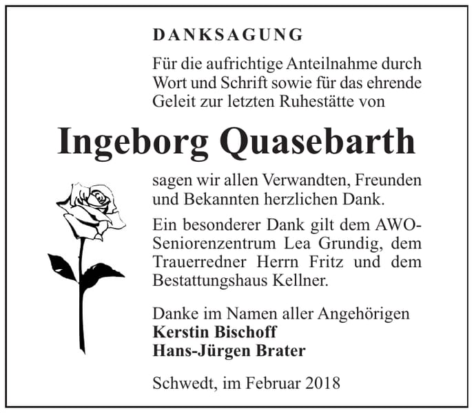Danksagung Ingeborg Quasebarth
