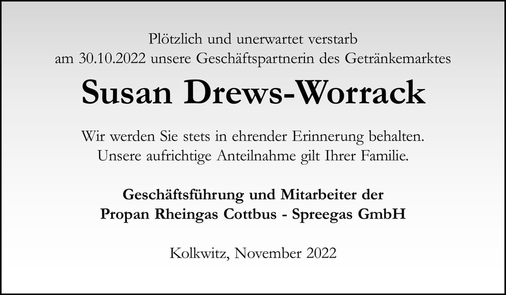 Traueranzeige Susan Drews-Worrack
