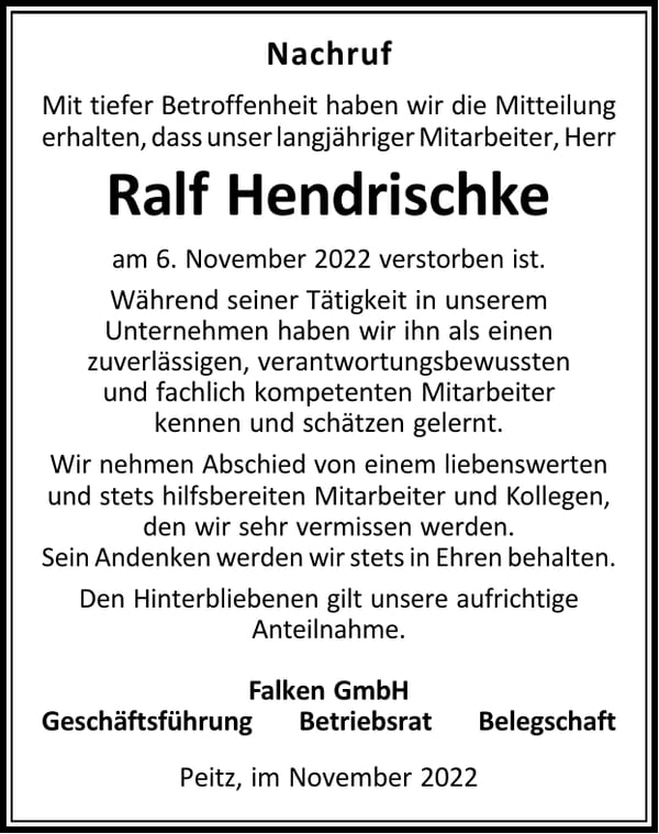Nachruf Ralf Hendrischke