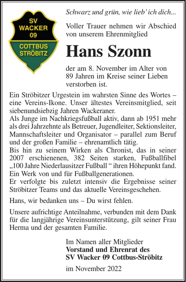 Nachruf Hans Szonn
