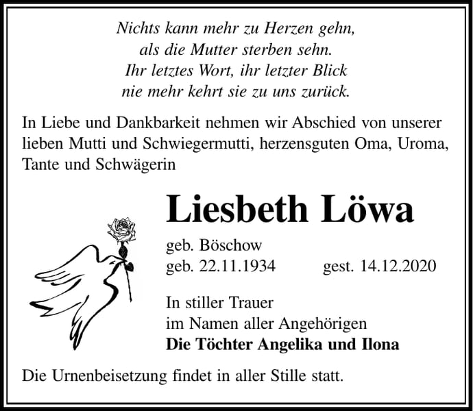 Traueranzeige Liesbeth Löwa, geb. Böschow