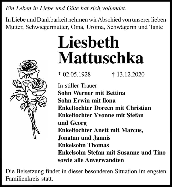 Traueranzeige Liesbeth Mattuschka