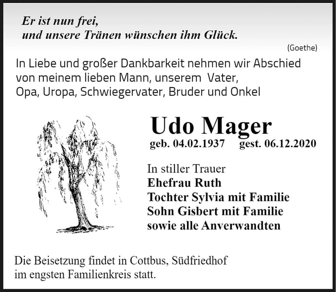 Traueranzeige Udo Mager
