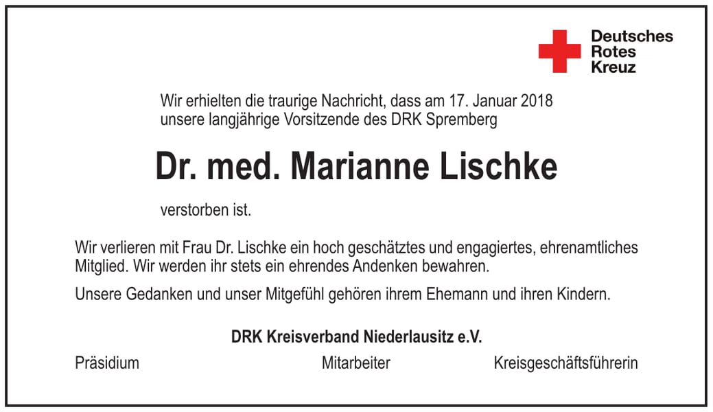 Traueranzeige Dr. med. Marianne Lischke
