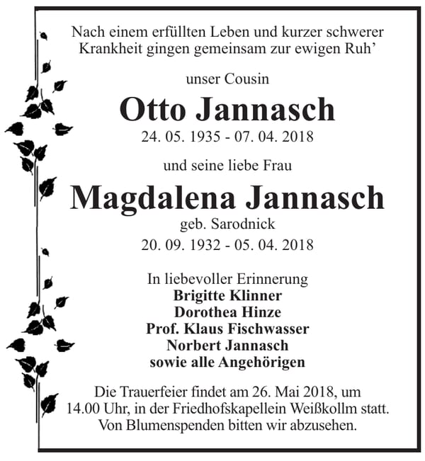 Traueranzeige Otto Jannasch, geb. Sarodnic