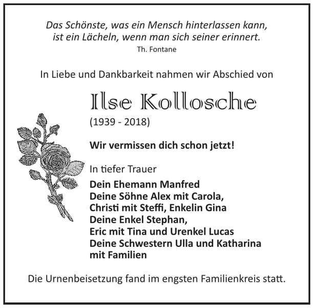 Traueranzeige Ilse Kollosche