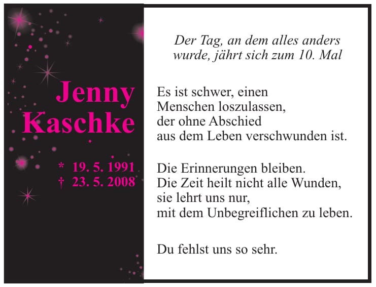 Jahresgedenken Jenny Kaschke