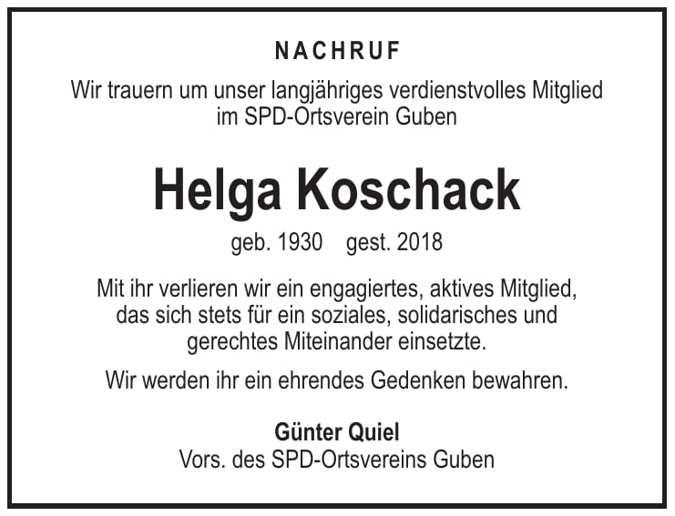 Traueranzeige Helga Koschack