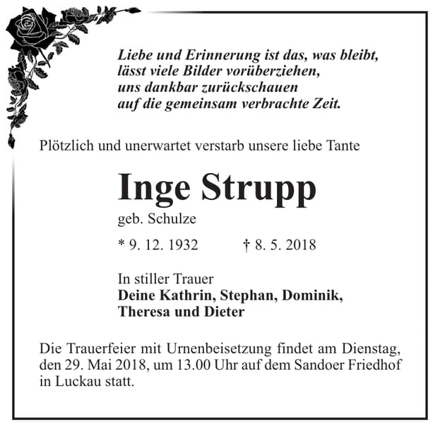 Traueranzeige Inge Strupp, geb. Schulze