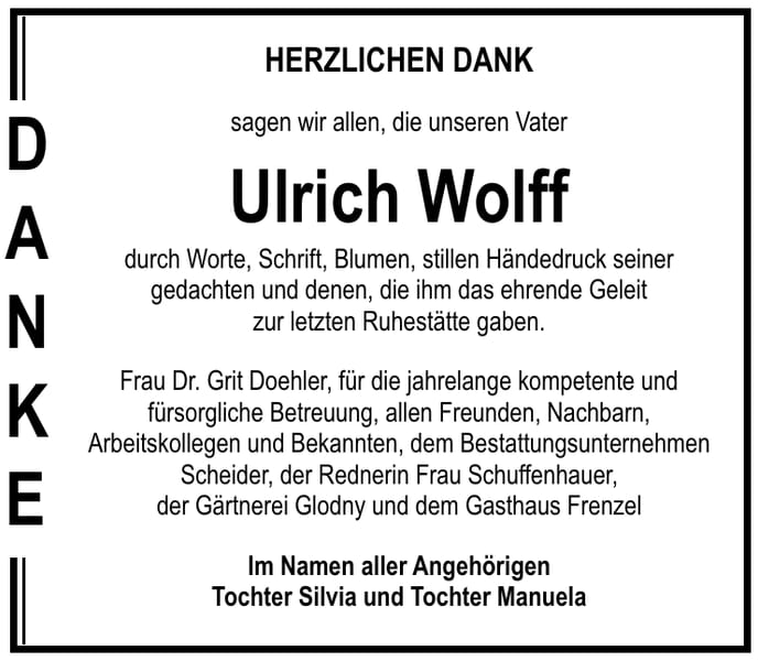 Danksagung Ulrich Wolff