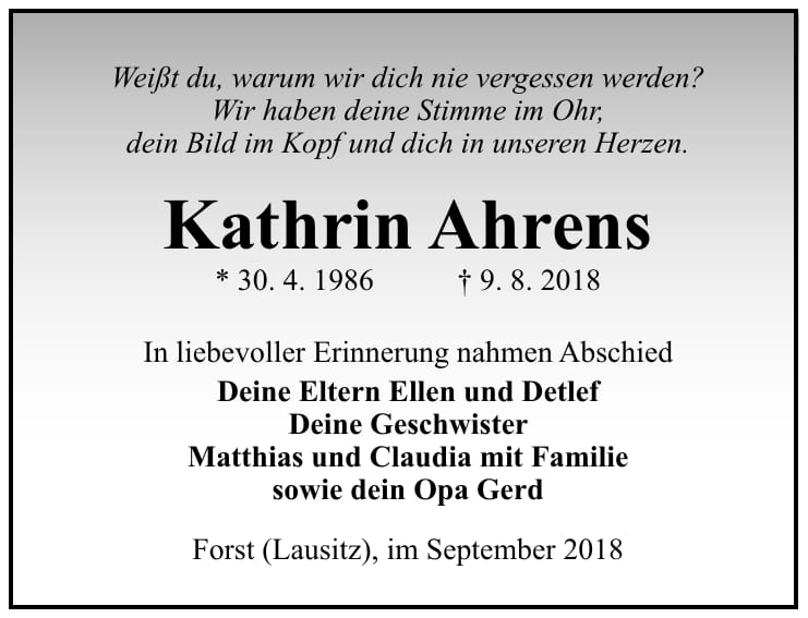 Traueranzeige Kathrin Ahrens