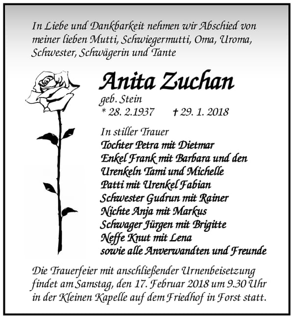 Traueranzeige Anita Zuchan, geb. Stein
