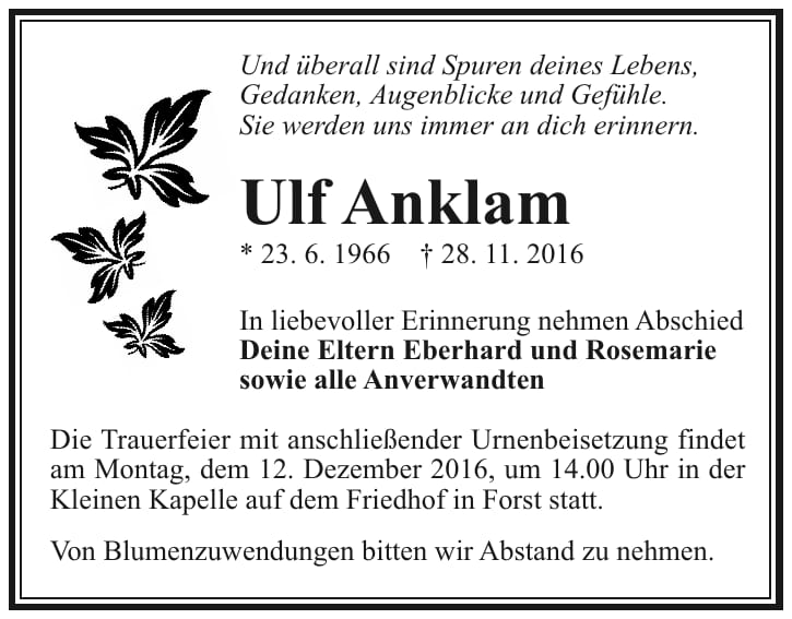 Traueranzeige Ulf Anklam