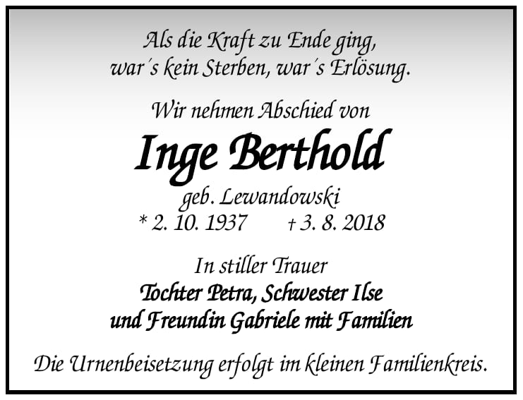 Traueranzeige Inge Berthold geb. Lewandowski