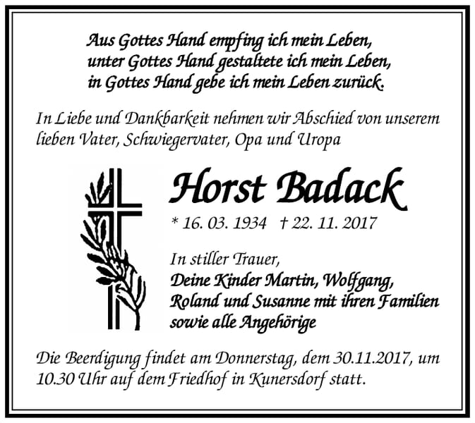 Traueranzeige Horst Badack