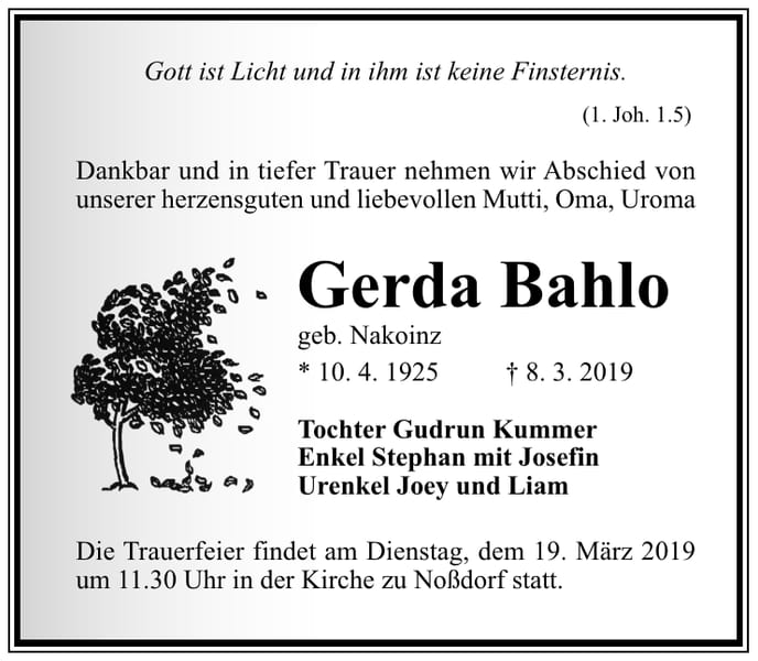 Traueranzeige Gerda Bahlo, geb. Nakoinz