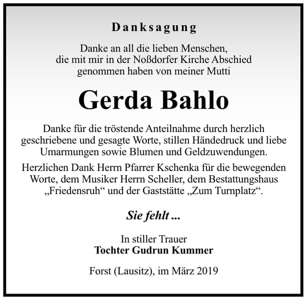 Traueranzeige Gerda Bahlo